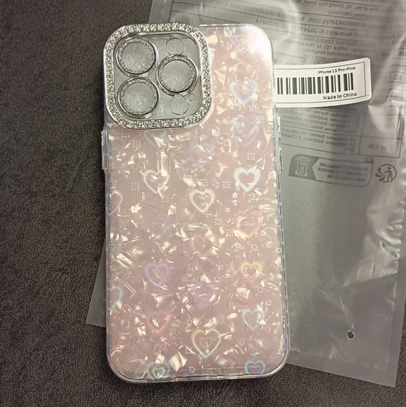 iPhone 13 Pro Pink Glitter Heart Transparent Shockproof Silicone Back Case - Picture 2 of 9